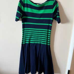 Women's Navy and Green Striped Short Sleeve Fit-and-Flare Dress